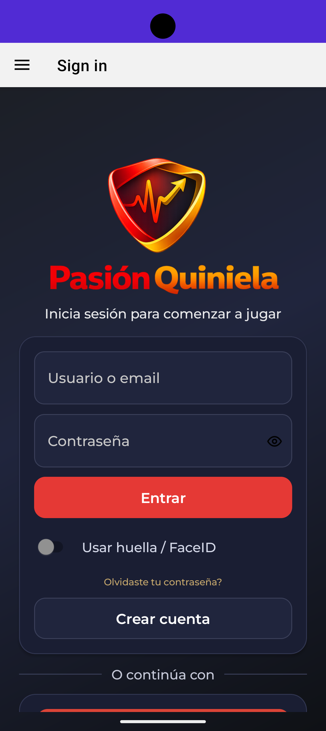 Pantalla de inicio de sesion de Pasion Quiniela en Android telefono