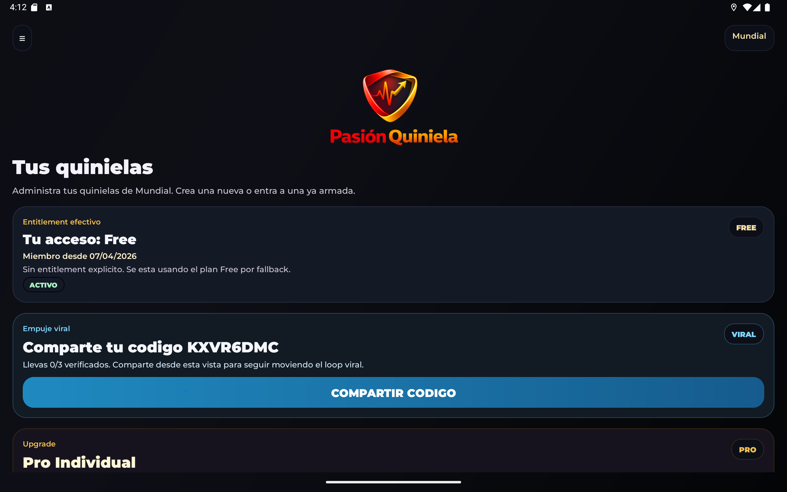 Pantalla adicional de Pasion Quiniela en Android tablet